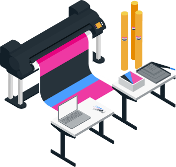 woman under printing machine with a colorful large printer